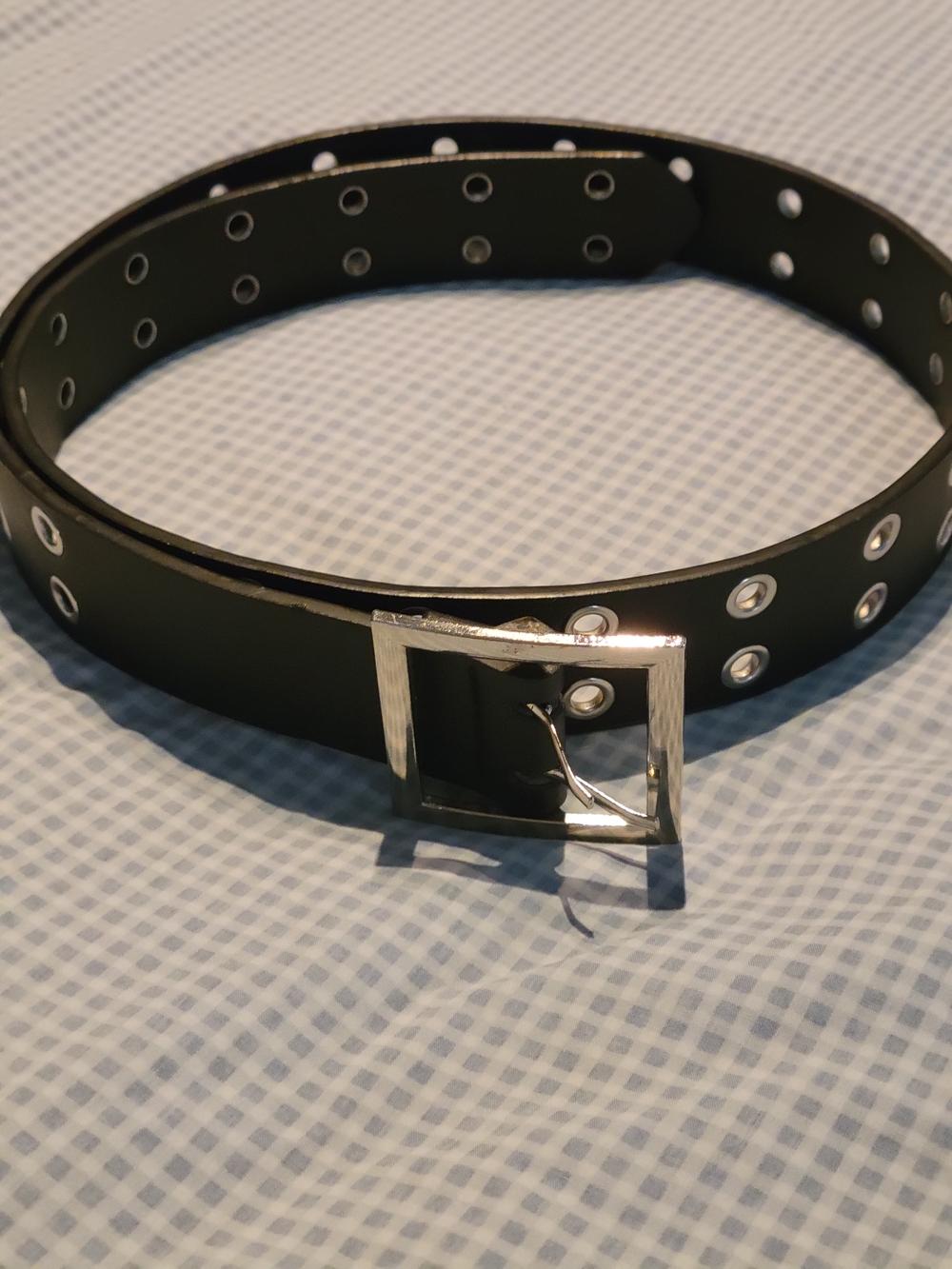 Black Double-Grommet Belt with Silver Square Buckle